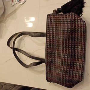 Ganson San Francisco Vintage Leather Medium Woven Black and Brown Handbag